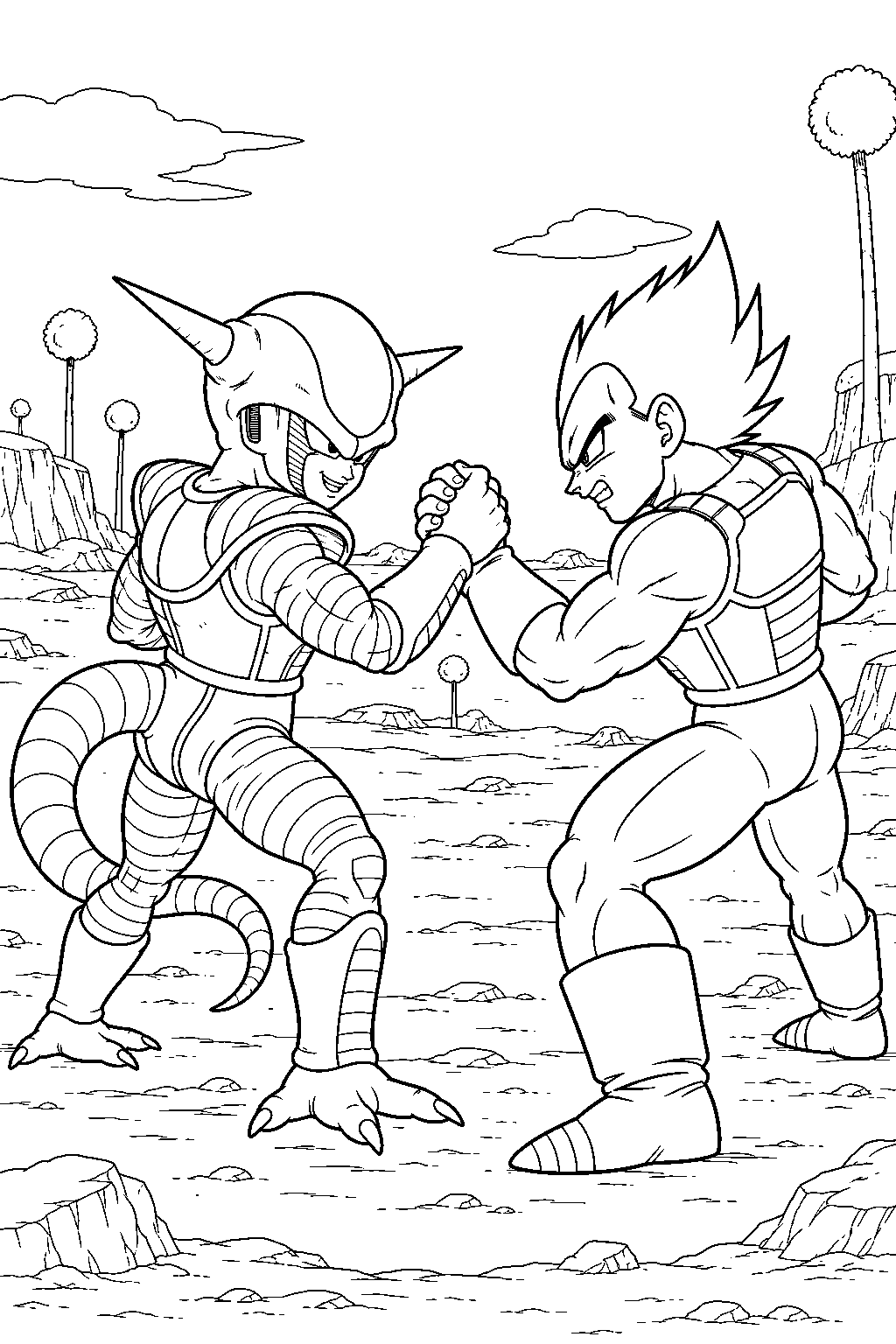 dragon ball z frieza in his first form locking hands with vegeta during their strength contest on namek line art