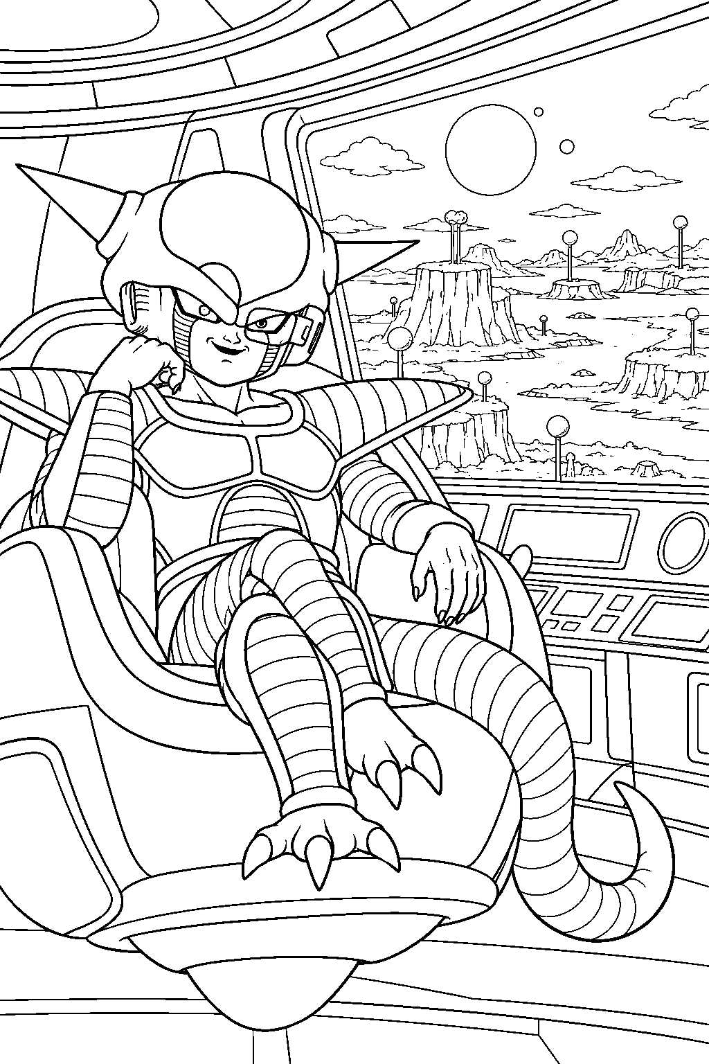 dragon ball z frieza in his first form monitoring namek from his spaceship s control room line art