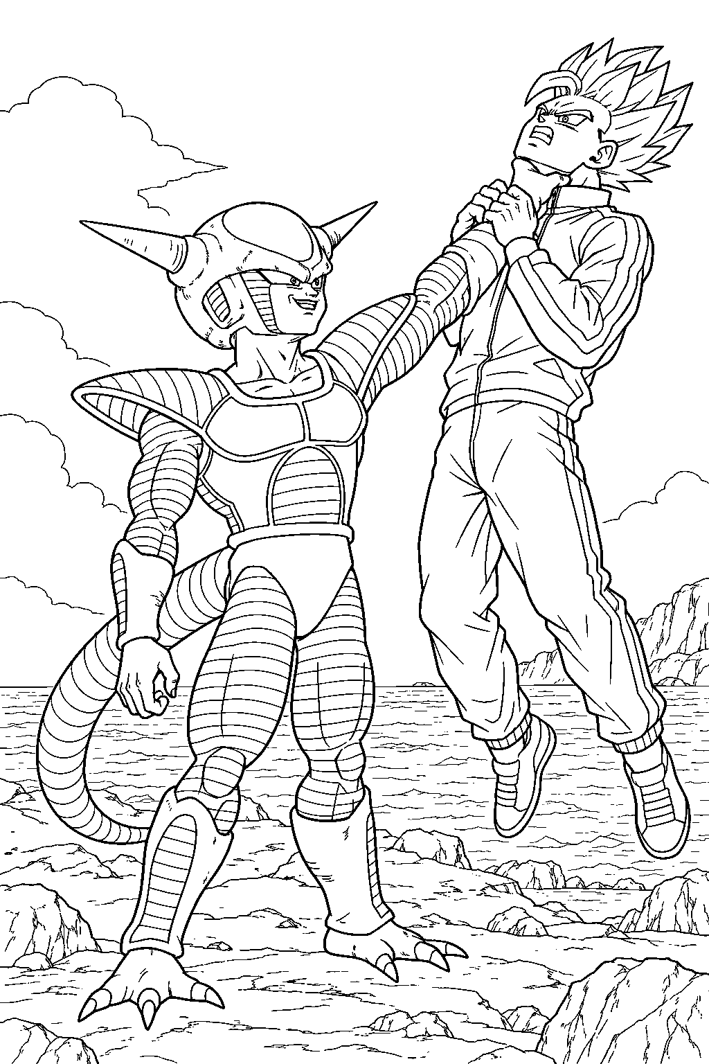 dragon ball z frieza in his first form overpowering adult super saiyan gohan on earth s coastline line art