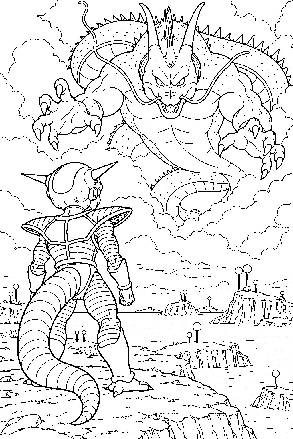 dragon ball z frieza in his first form seeing porunga appear above the distant namekian islands line art