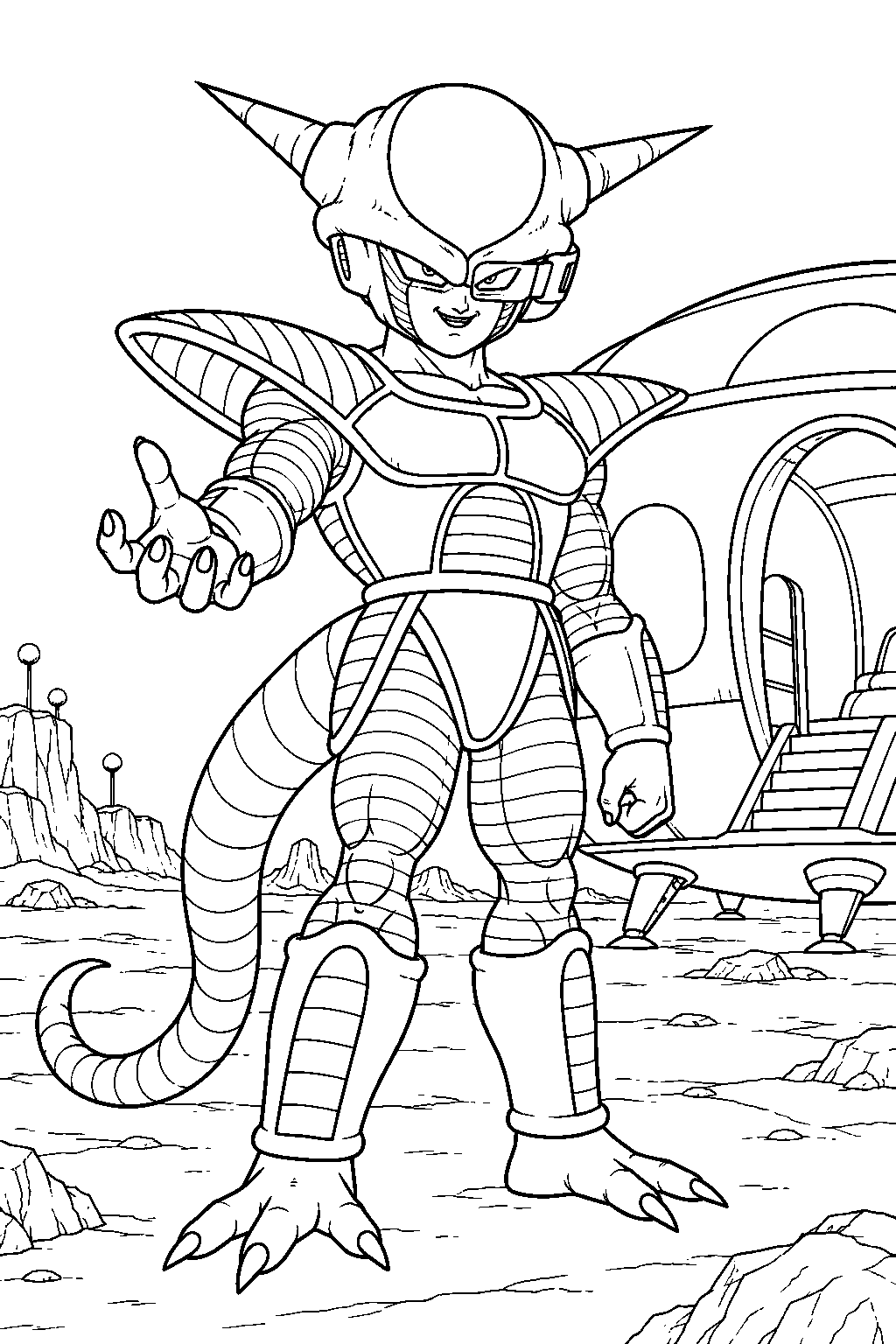 dragon ball z frieza in his first form wearing battle armor and a scouter beside his spaceship line art