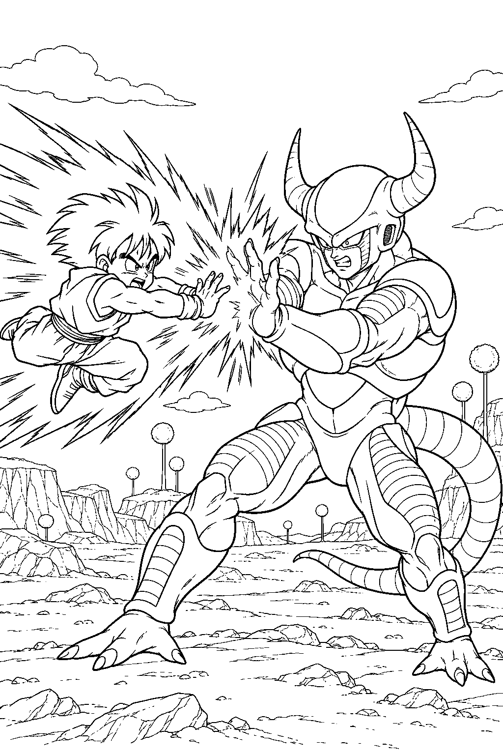 dragon ball z frieza in his second form defending against young gohan s furious attack on namek line art