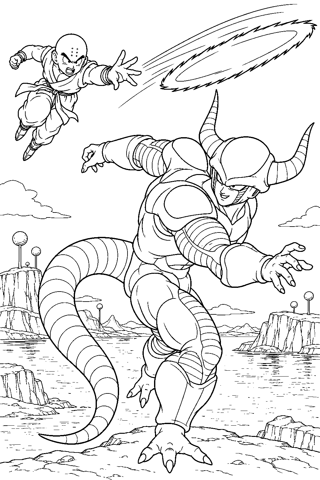 dragon ball z frieza in his second form dodging krillin s destructo disc above a namekian lake line art