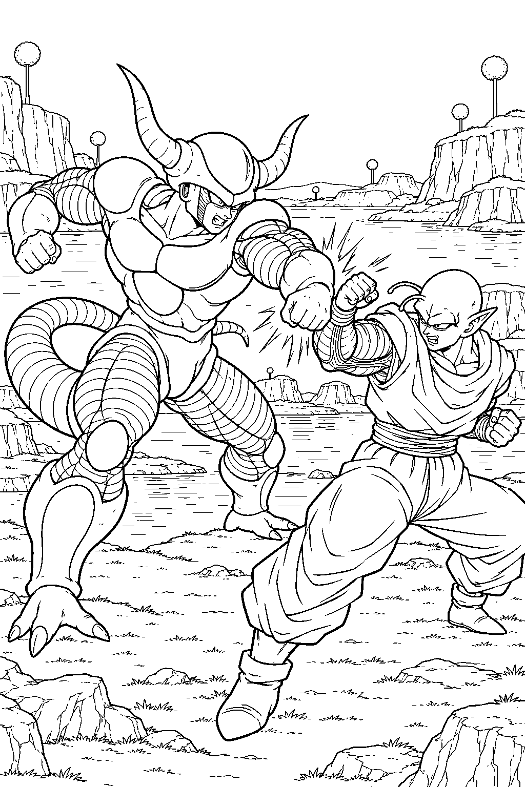 dragon ball z frieza in his second form exchanging punches with piccolo beside a namekian lake line art