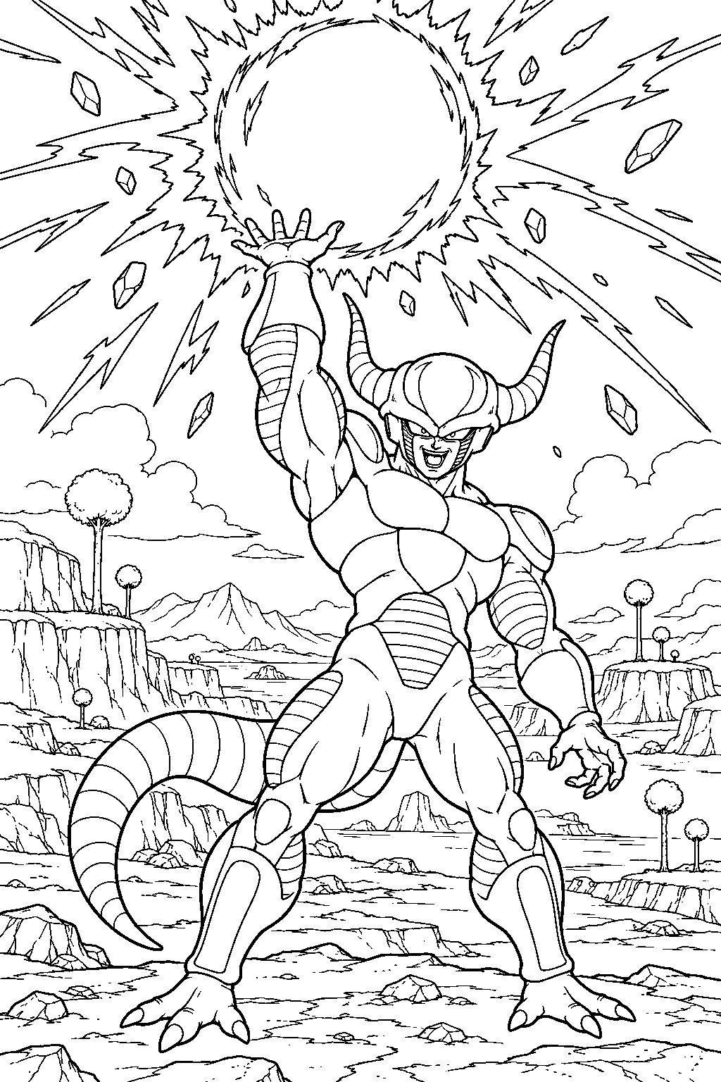 dragon ball z frieza in his second form raising one hand to unleash an explosive wave across namek line art