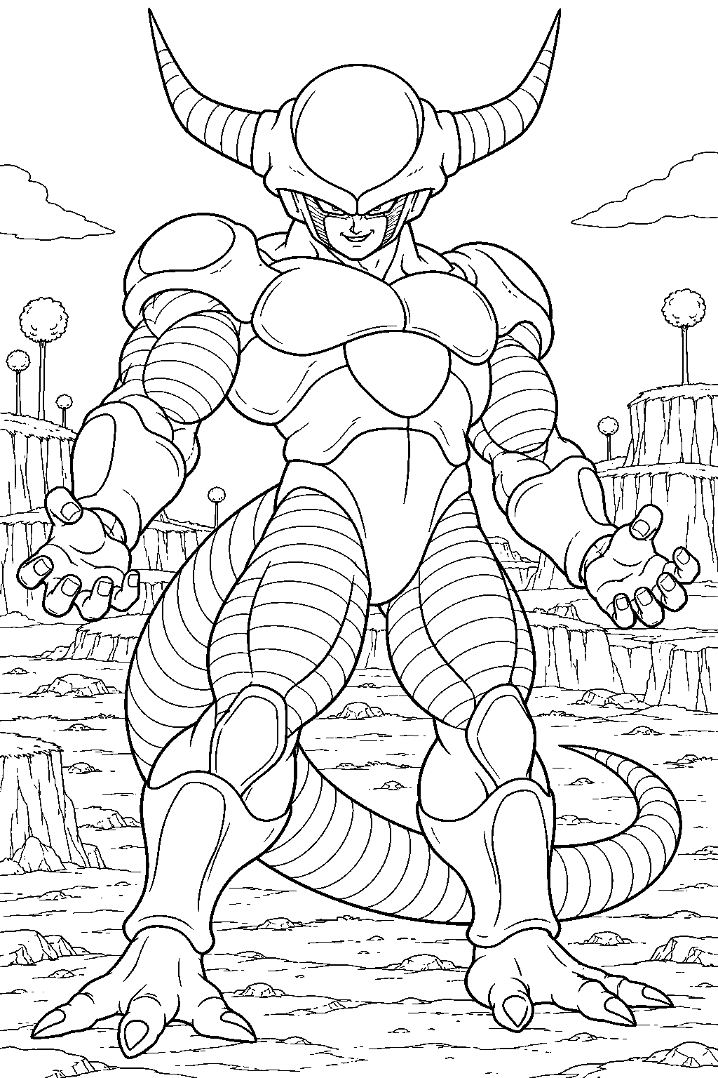 dragon ball z frieza in his second form with tall horns and a muscular body on a namekian plateau line art