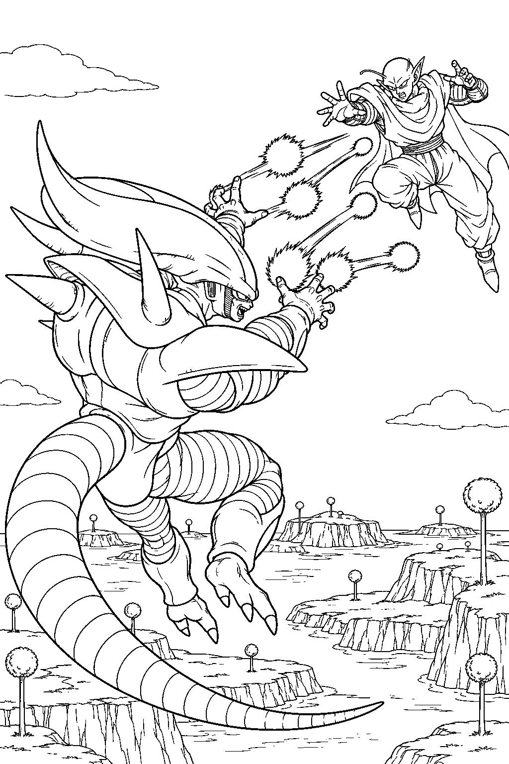 dragon ball z frieza in his third form firing rapid fingertip energy blasts at piccolo above namek line art