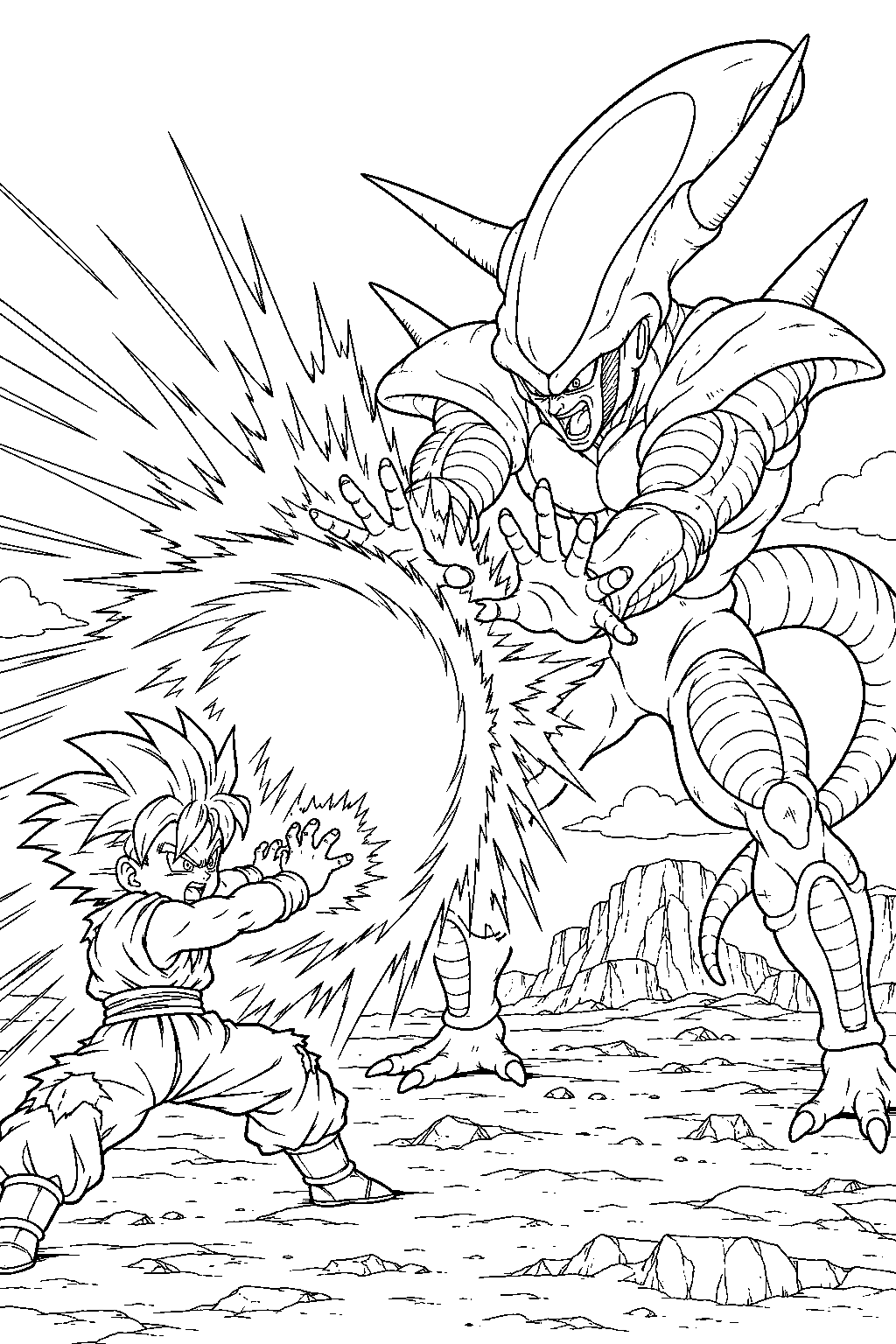 dragon ball z frieza in his third form pushing back young gohan s powerful energy blast line art
