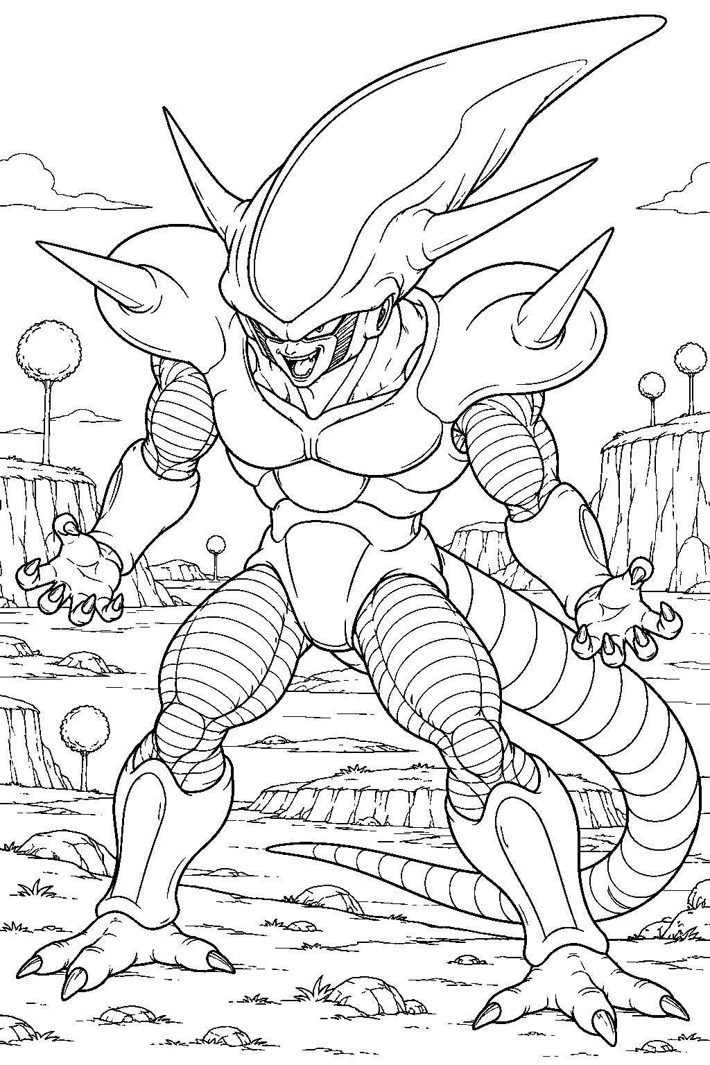 dragon ball z frieza in his third form with an elongated head and shoulder spikes on namek line art