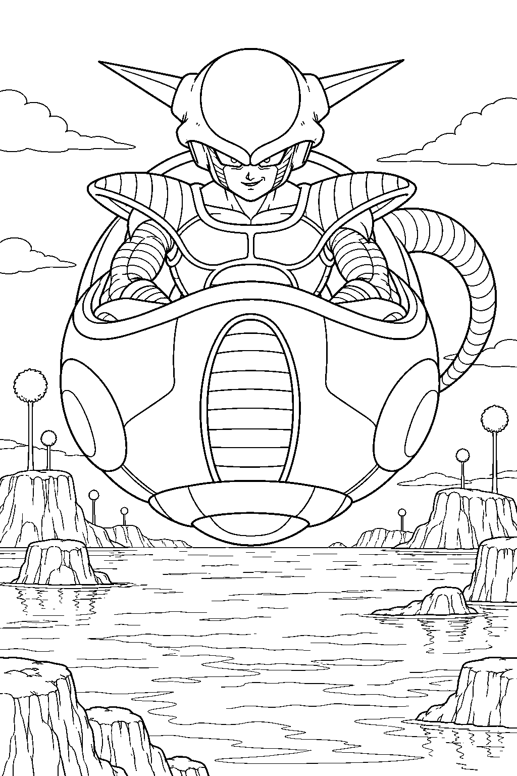 dragon ball z frieza riding his first form hover pod over a namekian lake line art