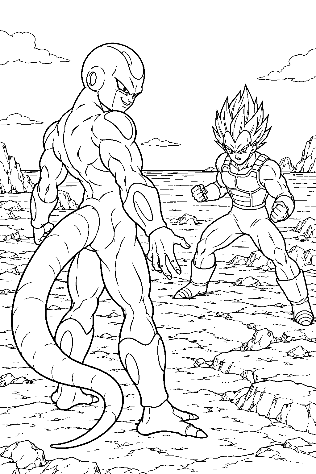 dragon ball z golden frieza facing super saiyan blue vegeta on earth s rocky coastline line art