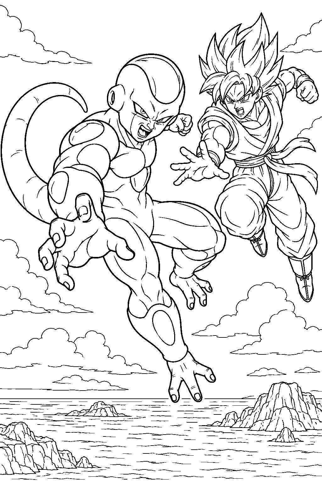 dragon ball z golden frieza fighting super saiyan blue goku in the sky above the sea line art