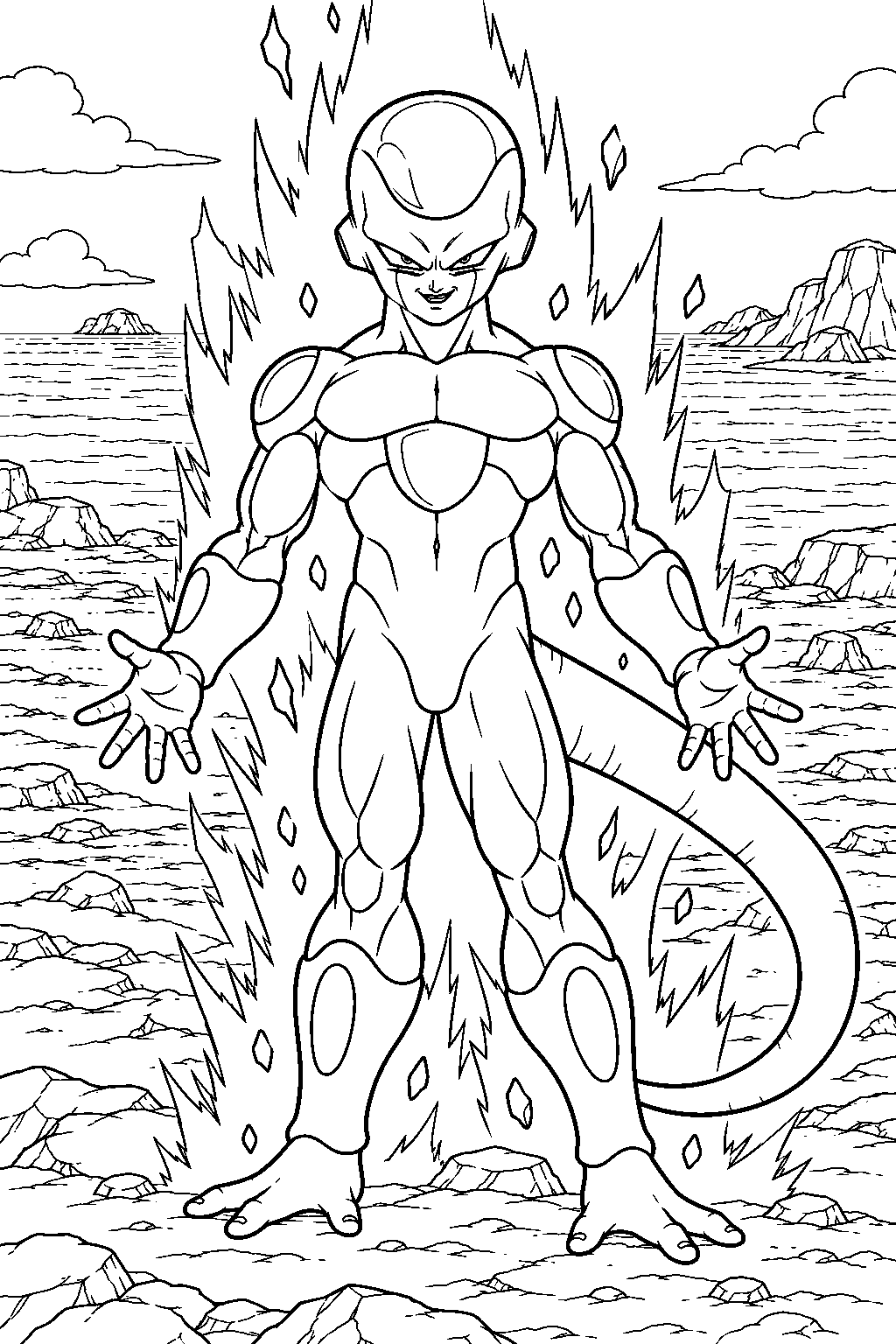 dragon ball z golden frieza revealing his transformation with a powerful aura on earth s coastline line art