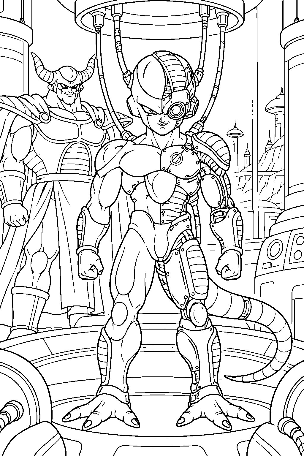 dragon ball z mecha frieza awakening with rebuilt cybernetic limbs in a repair chamber on king cold s planet line art