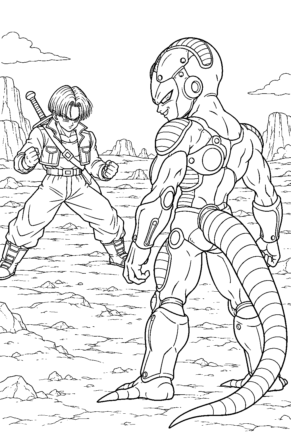 dragon ball z mecha frieza confronting future trunks before his super saiyan transformation line art