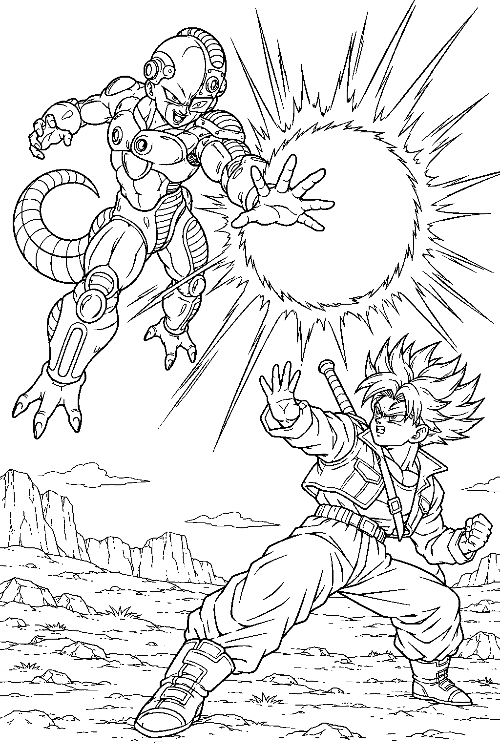 dragon ball z mecha frieza launching a supernova toward super saiyan future trunks line art
