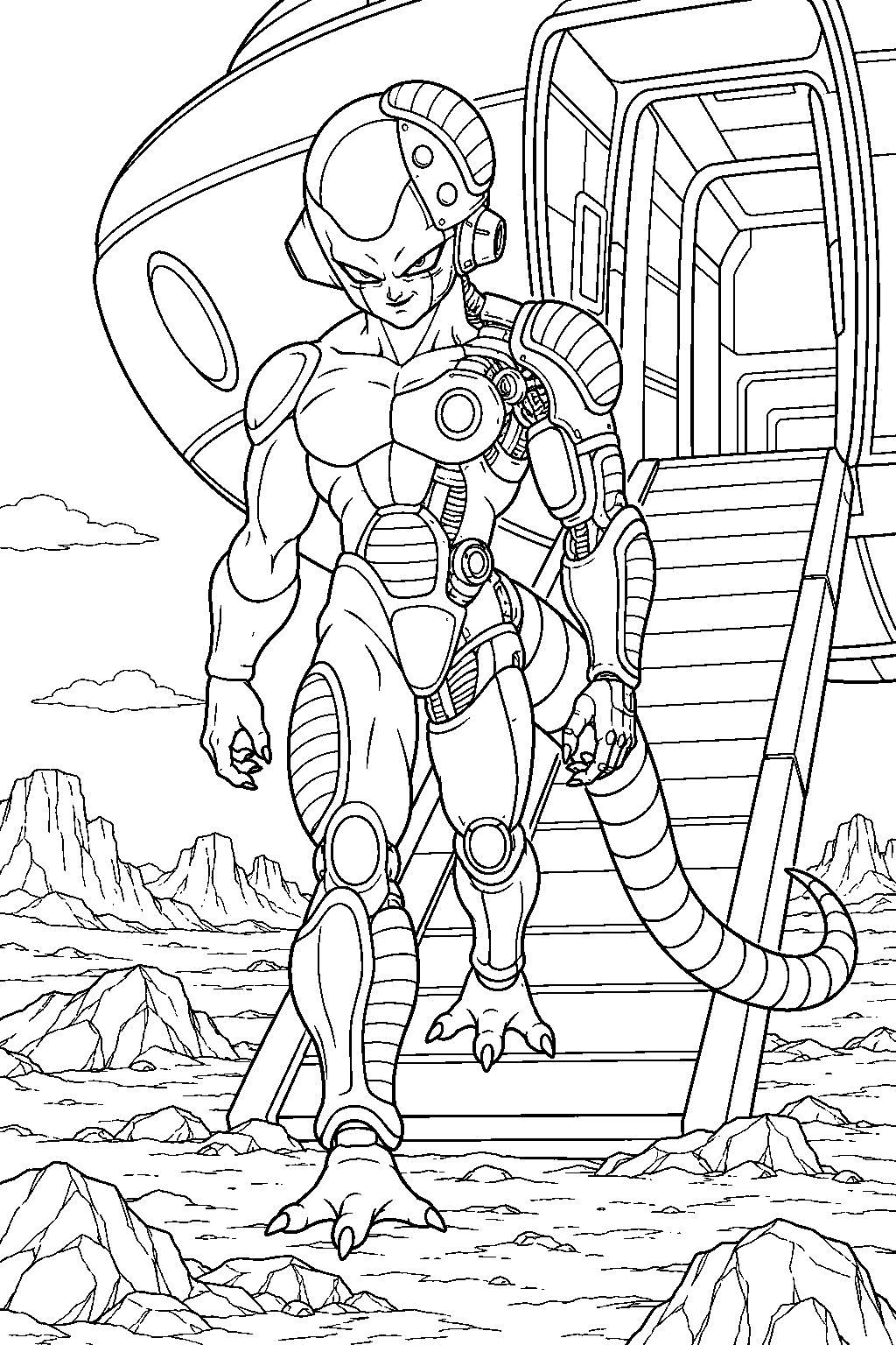 dragon ball z mecha frieza stepping down his spaceship s ramp onto earth s rocky terrain line art