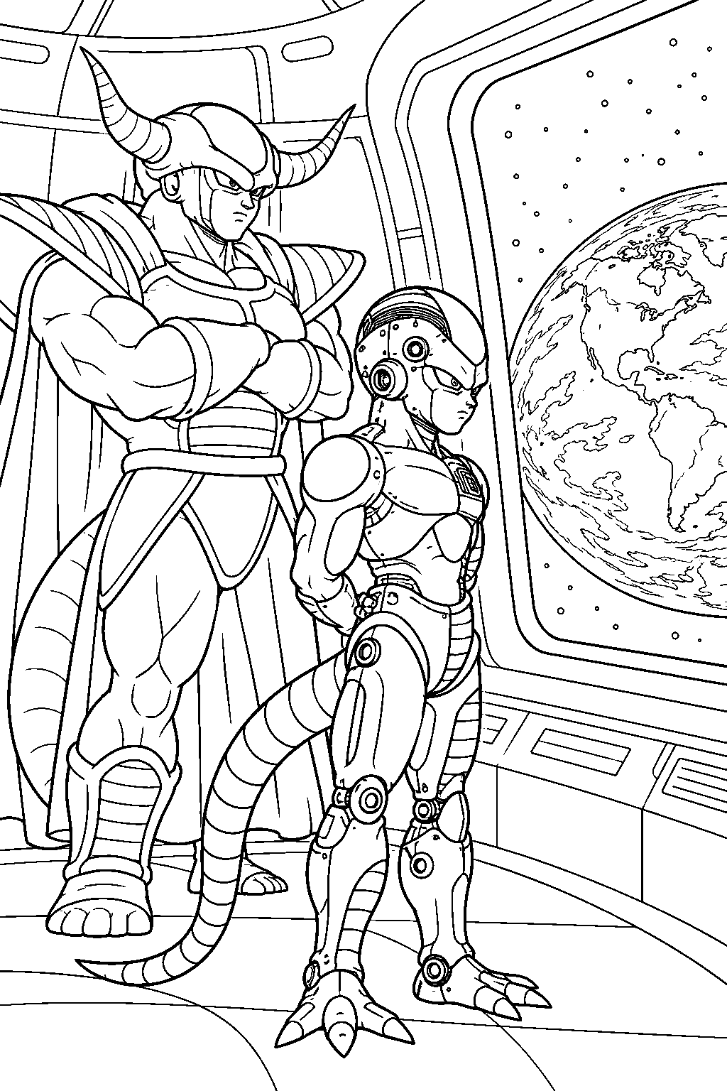 dragon ball z mecha frieza watching earth through a spaceship window beside king cold line art