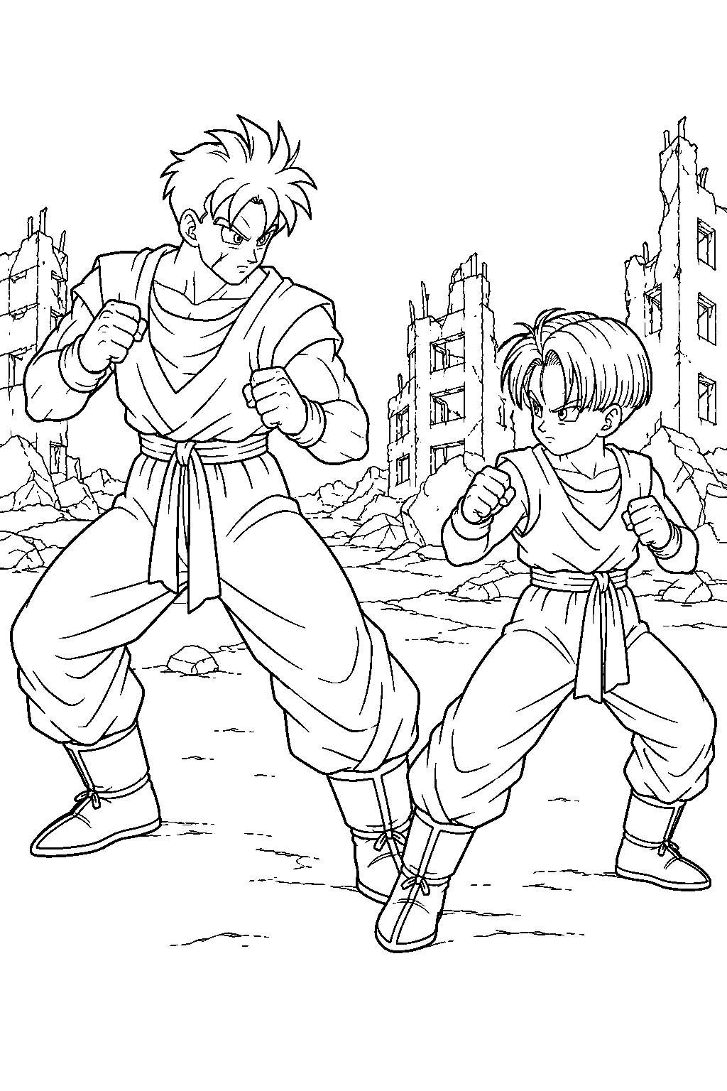 dragon ball z future gohan training young trunks beside a ruined city line art