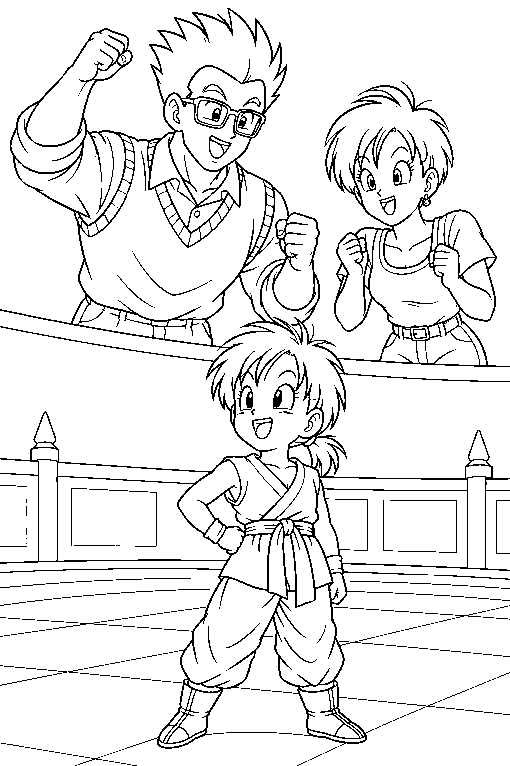 dragon ball z gohan and videl cheering for pan at the world martial arts tournament line art