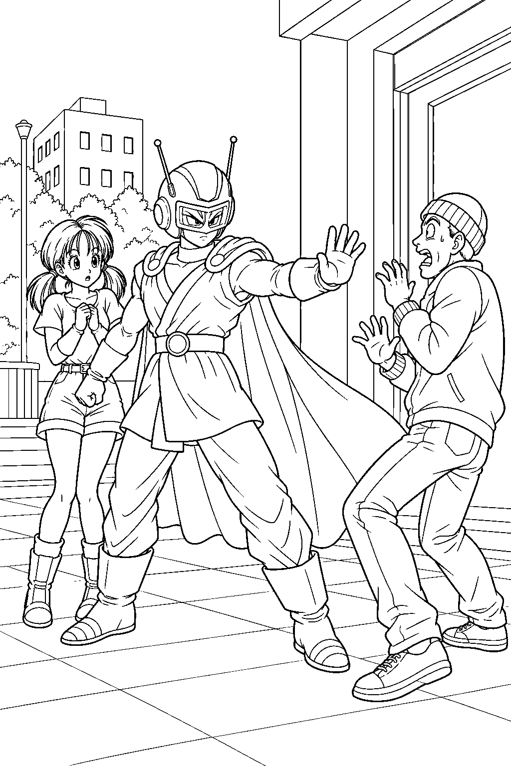 dragon ball z gohan as great saiyaman protecting videl from a robber line art