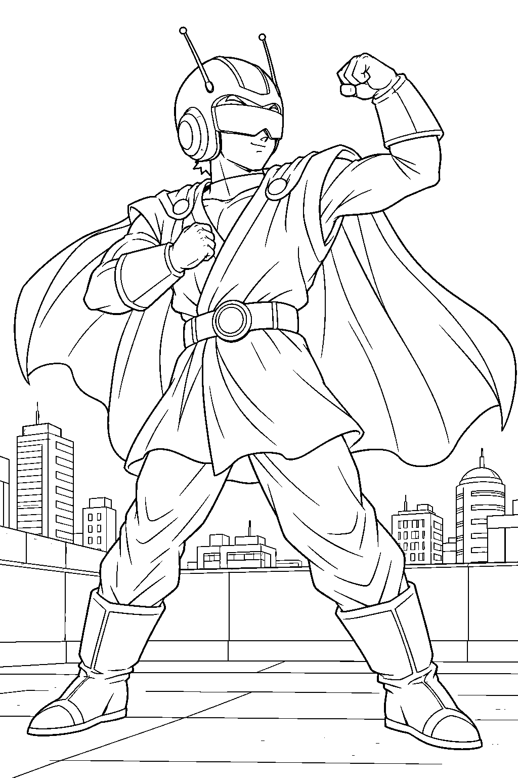 dragon ball z gohan as great saiyaman striking his signature hero pose on a city rooftop line art