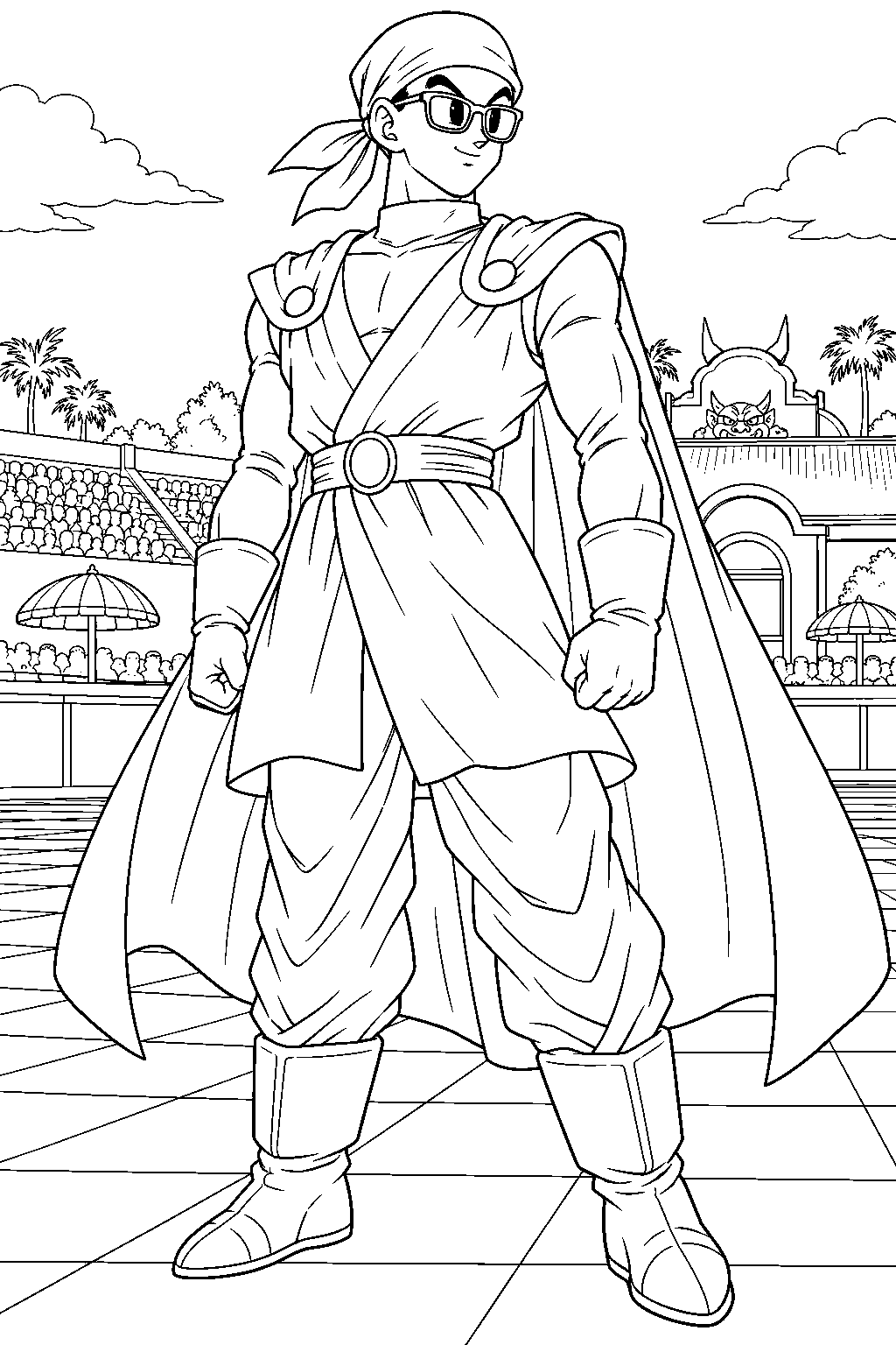 dragon ball z gohan as great saiyaman wearing a bandana and sunglasses at the world martial arts tournament line art