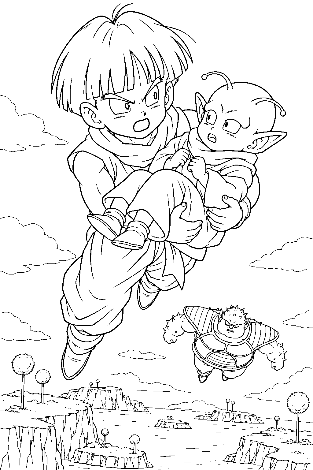 dragon ball z gohan carrying dende away from dodoria above namek s islands line art