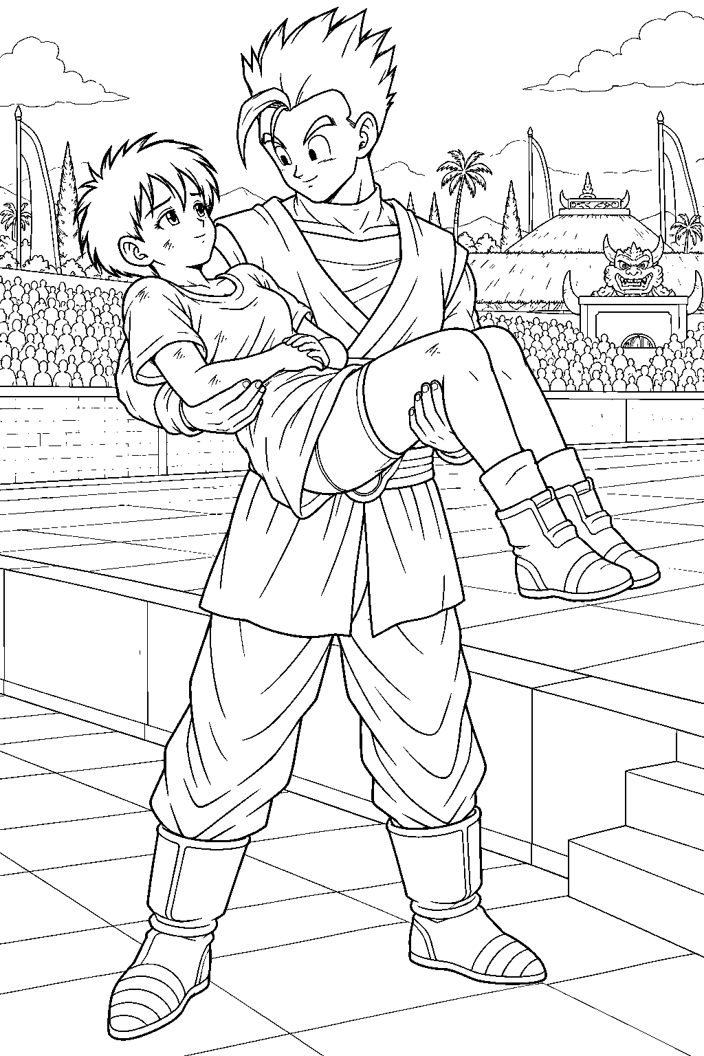 dragon ball z gohan carrying videl to safety beside the world martial arts tournament ring line art