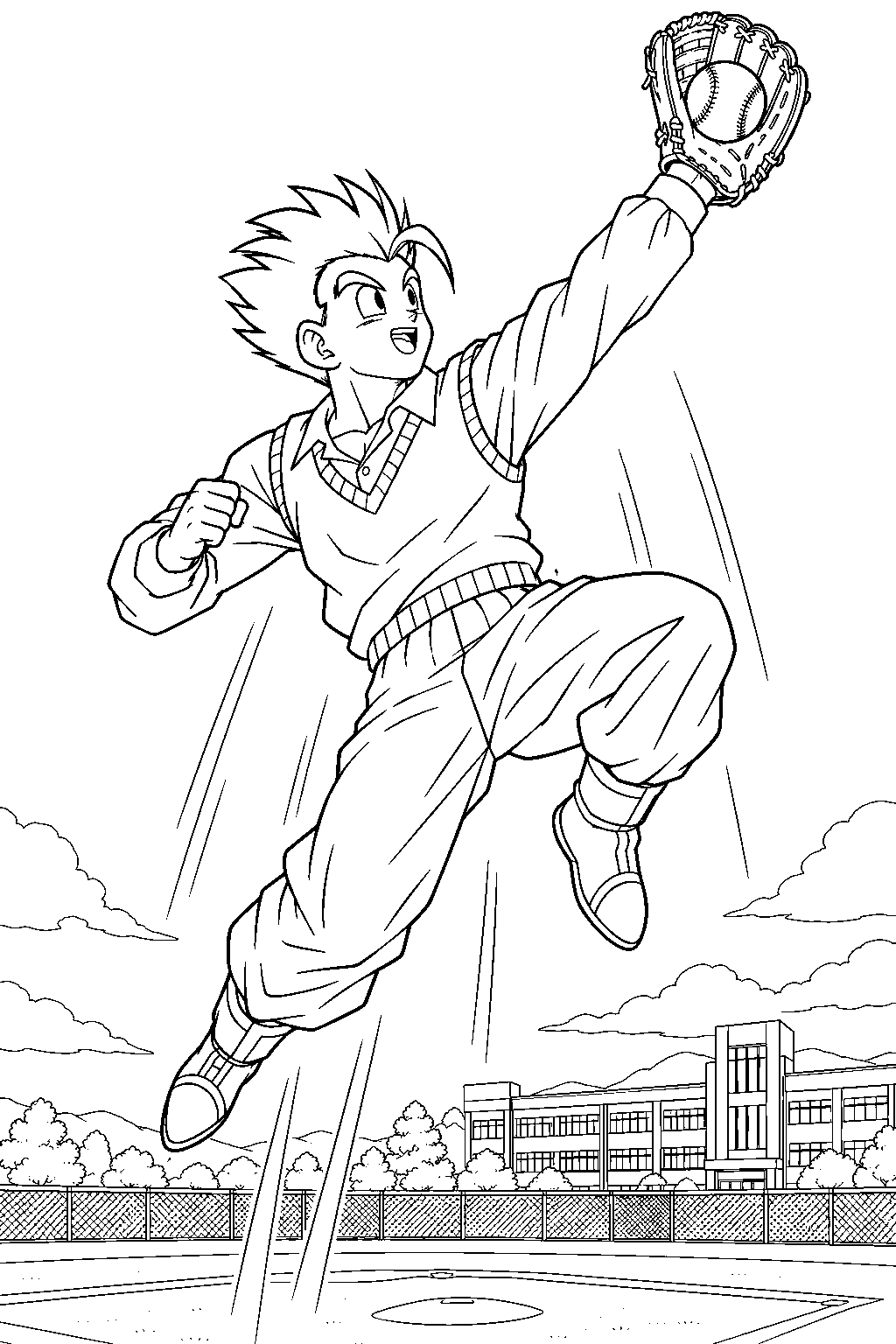 dragon ball z gohan catching a baseball high above the school playing field line art