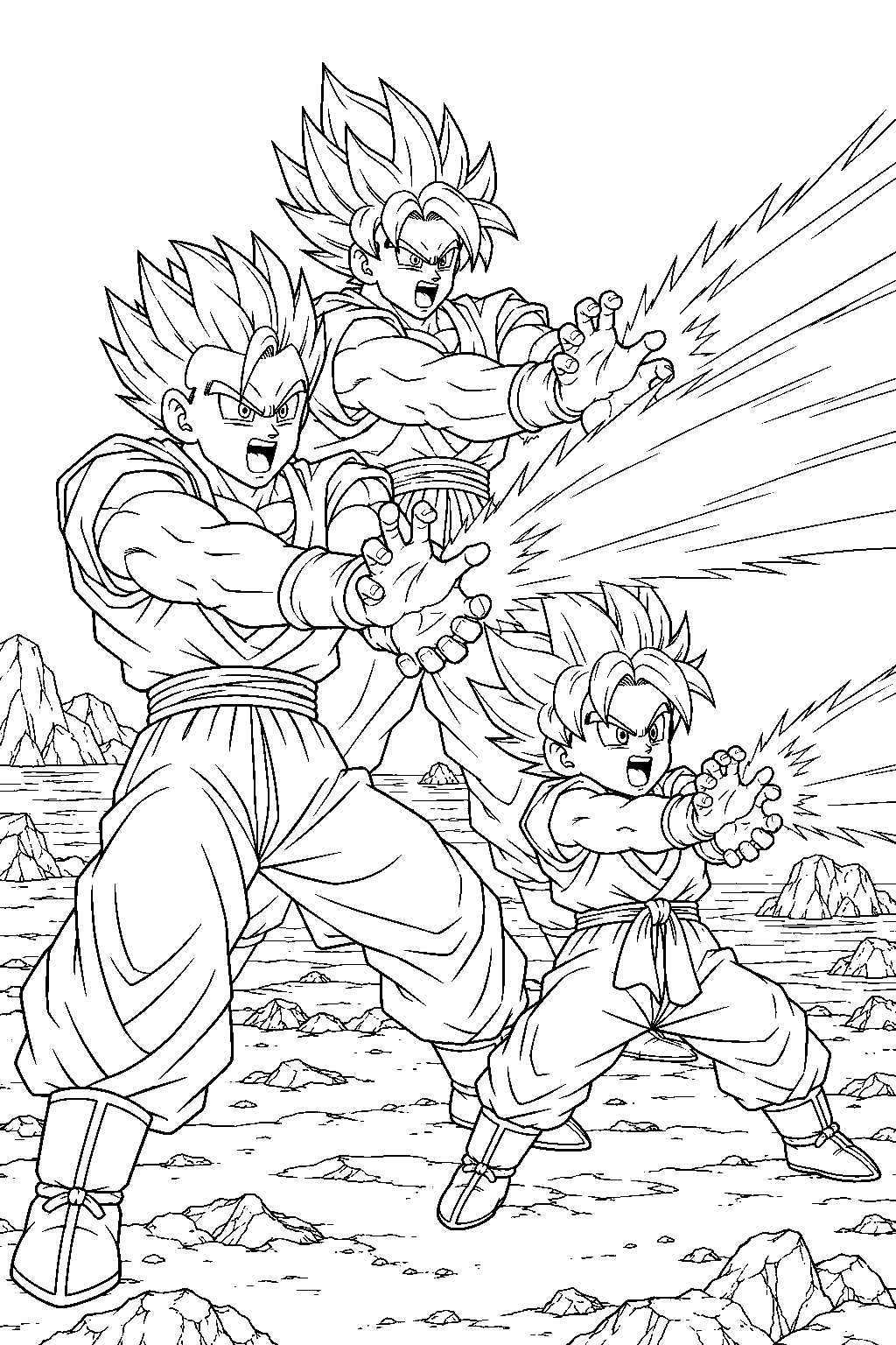 dragon ball z gohan firing the family kamehameha beside goten with goku appearing behind them line art
