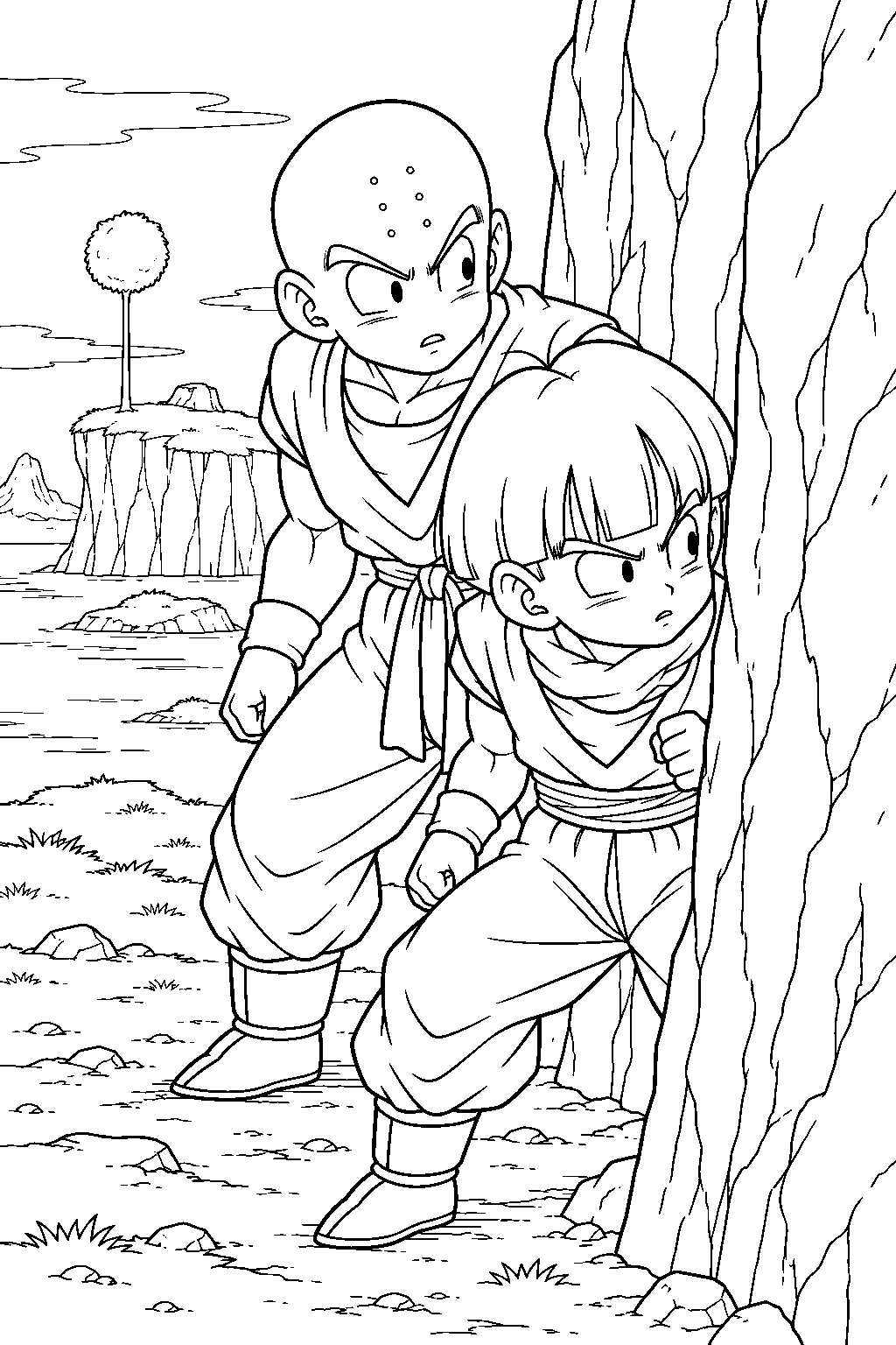 dragon ball z gohan hiding with krillin behind a cliff on namek line art