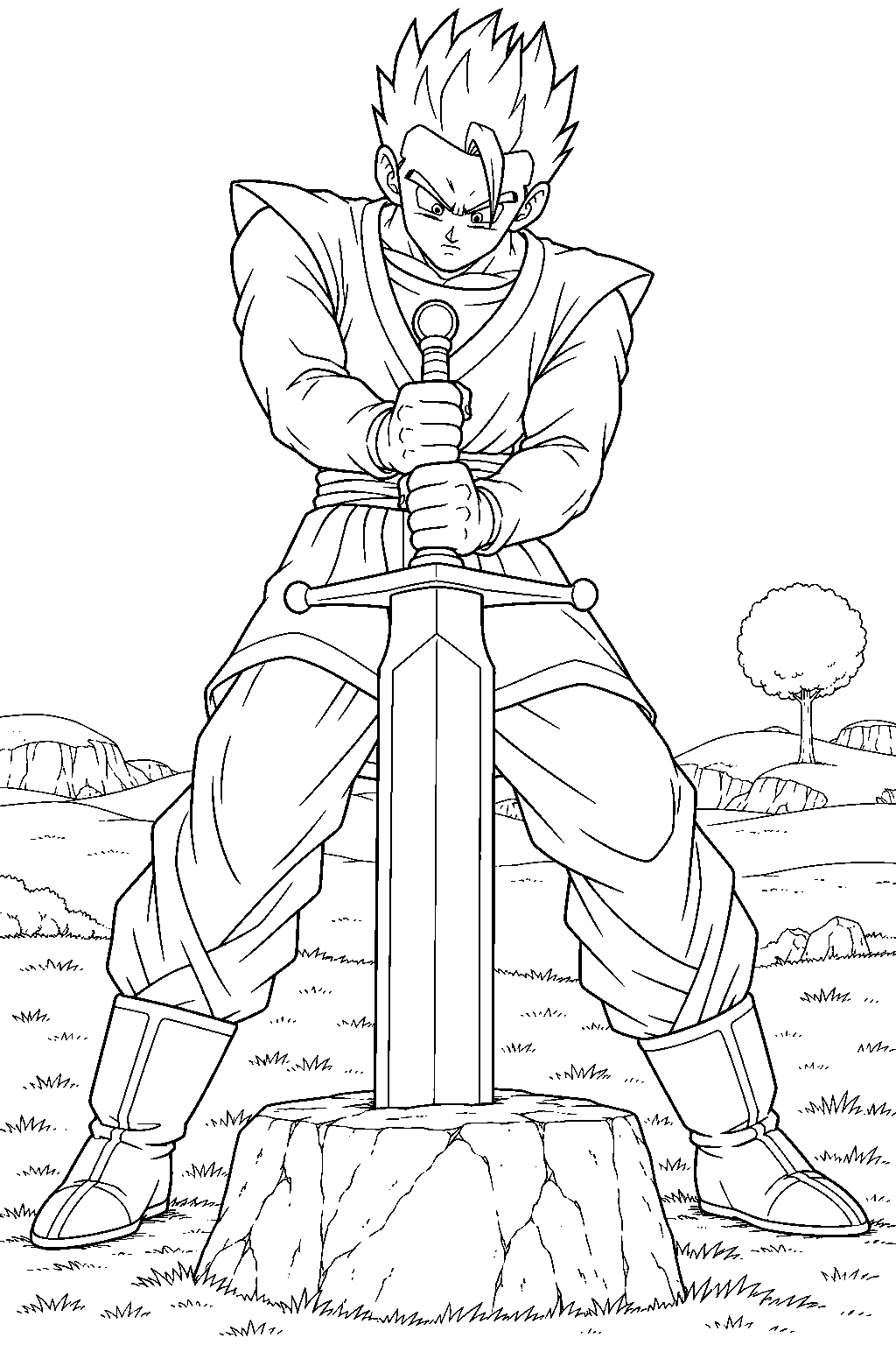 dragon ball z gohan pulling the z sword from its stone pedestal in supreme kai s realm line art