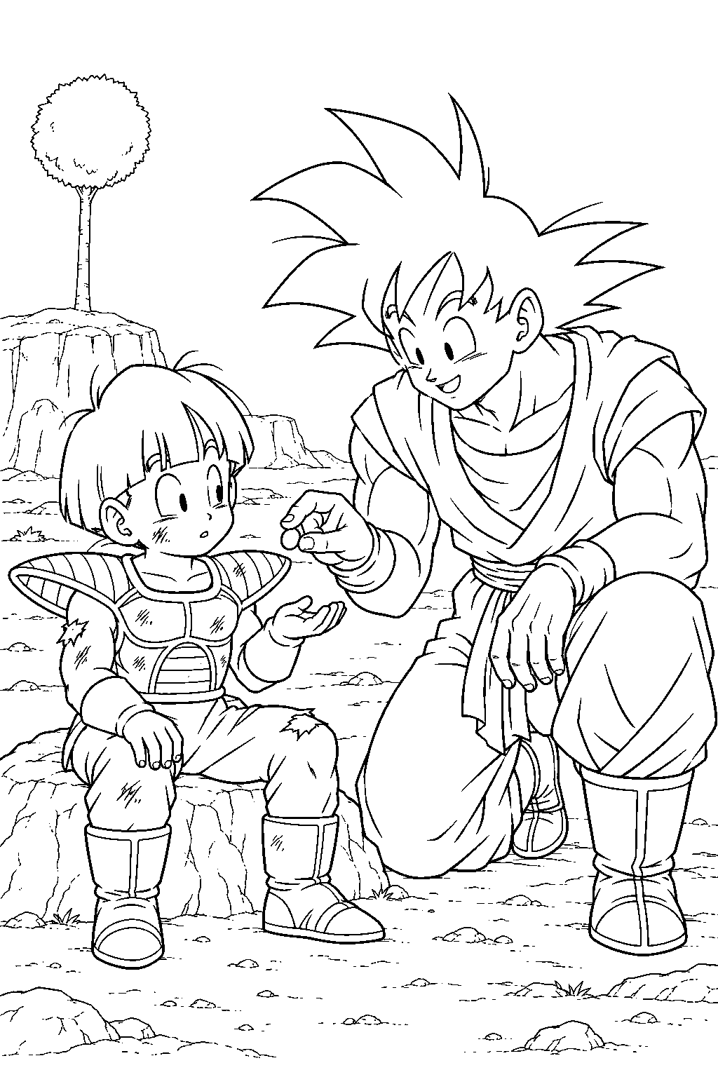 dragon ball z gohan receiving a senzu bean from goku after fighting recoome line art