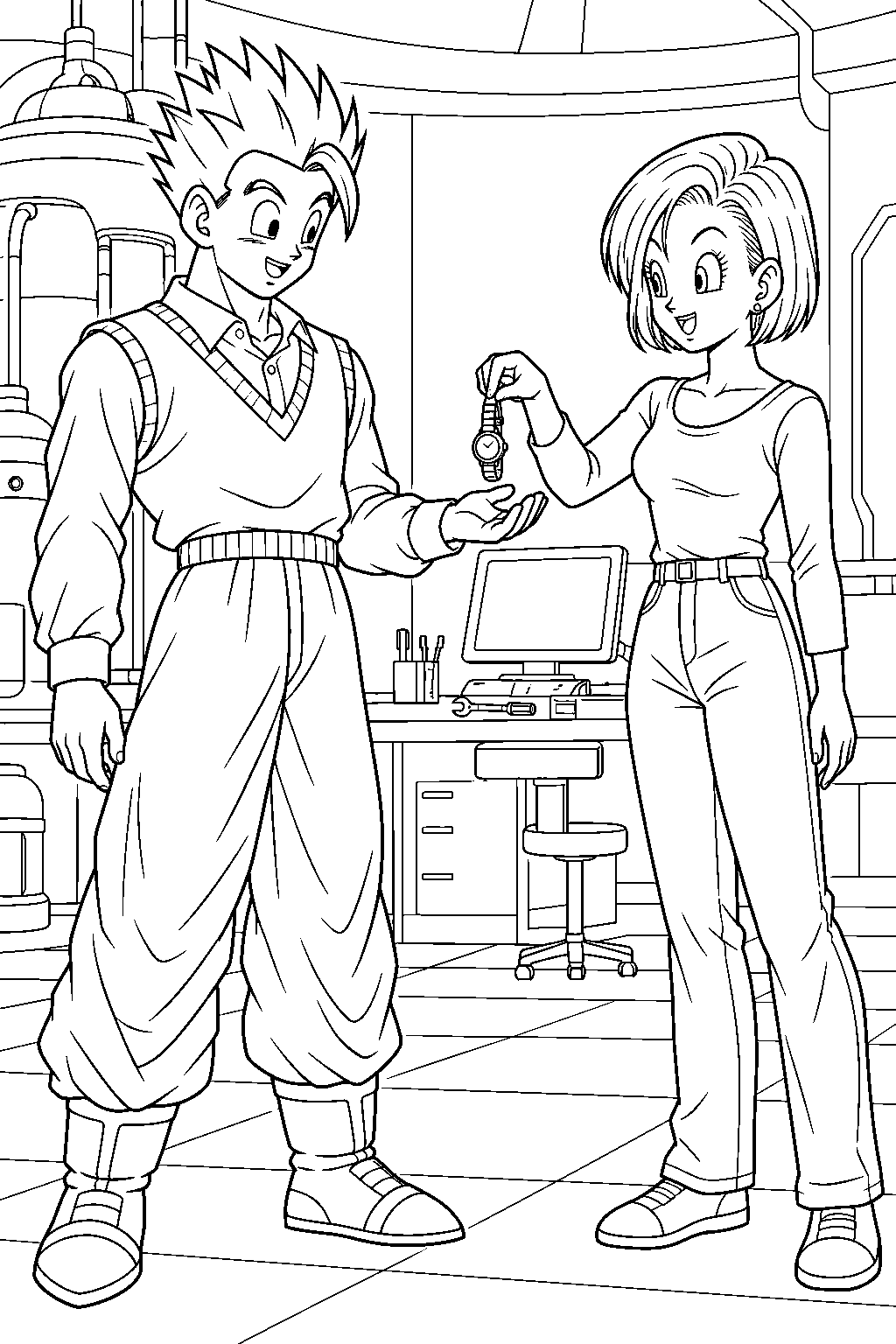dragon ball z gohan receiving the great saiyaman transformation watch from bulma line art