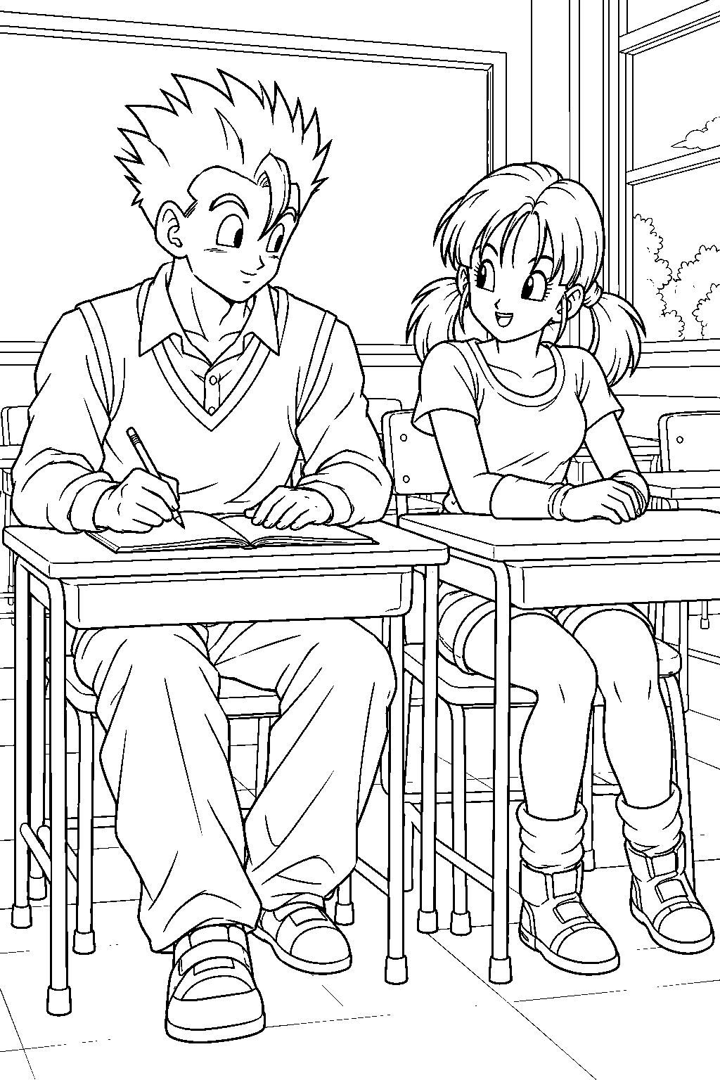 dragon ball z gohan sitting beside videl in an orange star high school classroom line art