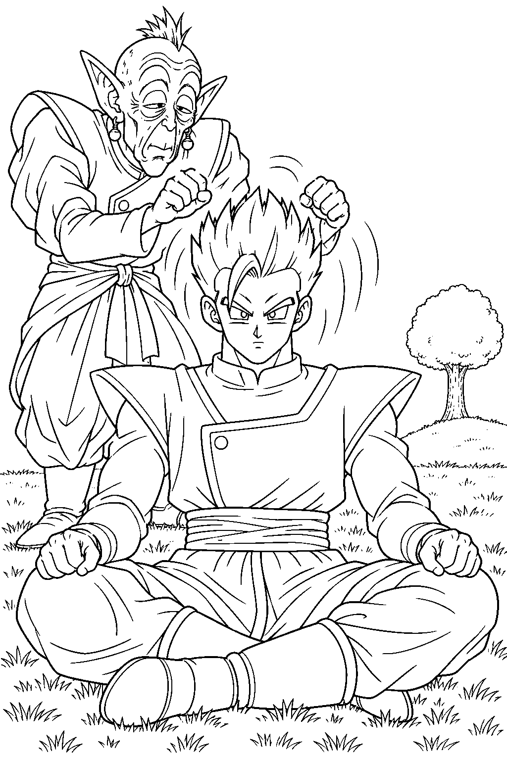 dragon ball z gohan sitting patiently while elder kai unlocks his hidden potential line art