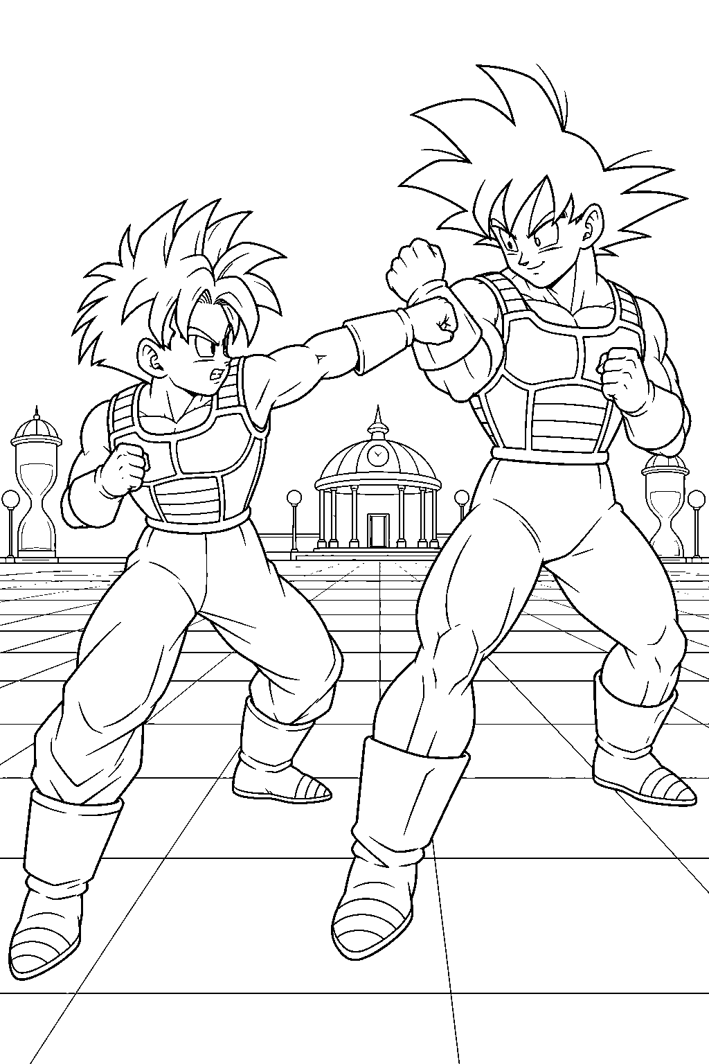 dragon ball z gohan sparring with goku in saiyan armor inside the hyperbolic time chamber line art