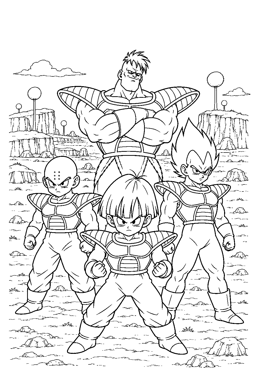 dragon ball z gohan standing with krillin and vegeta against recoome line art