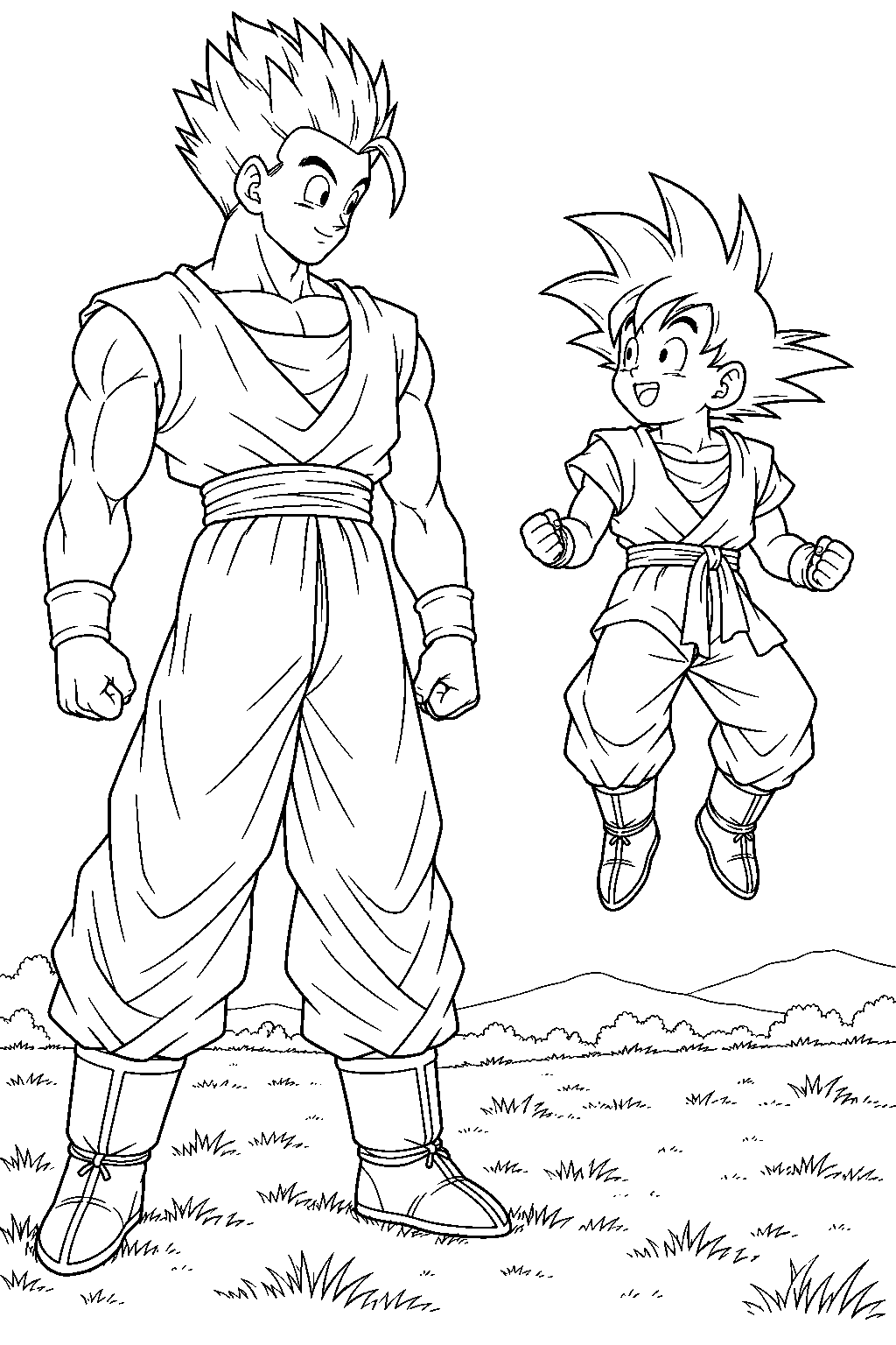 dragon ball z gohan teaching goten to fly above a grassy field line art