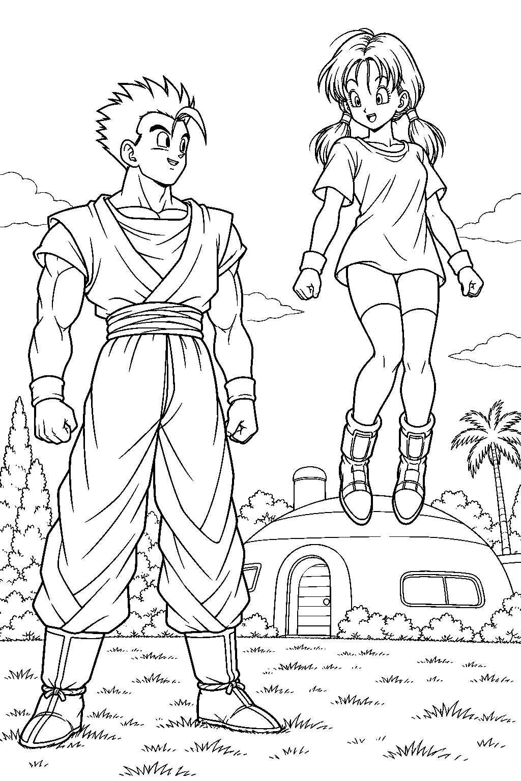 dragon ball z gohan teaching videl to hover above the ground outside his home line art