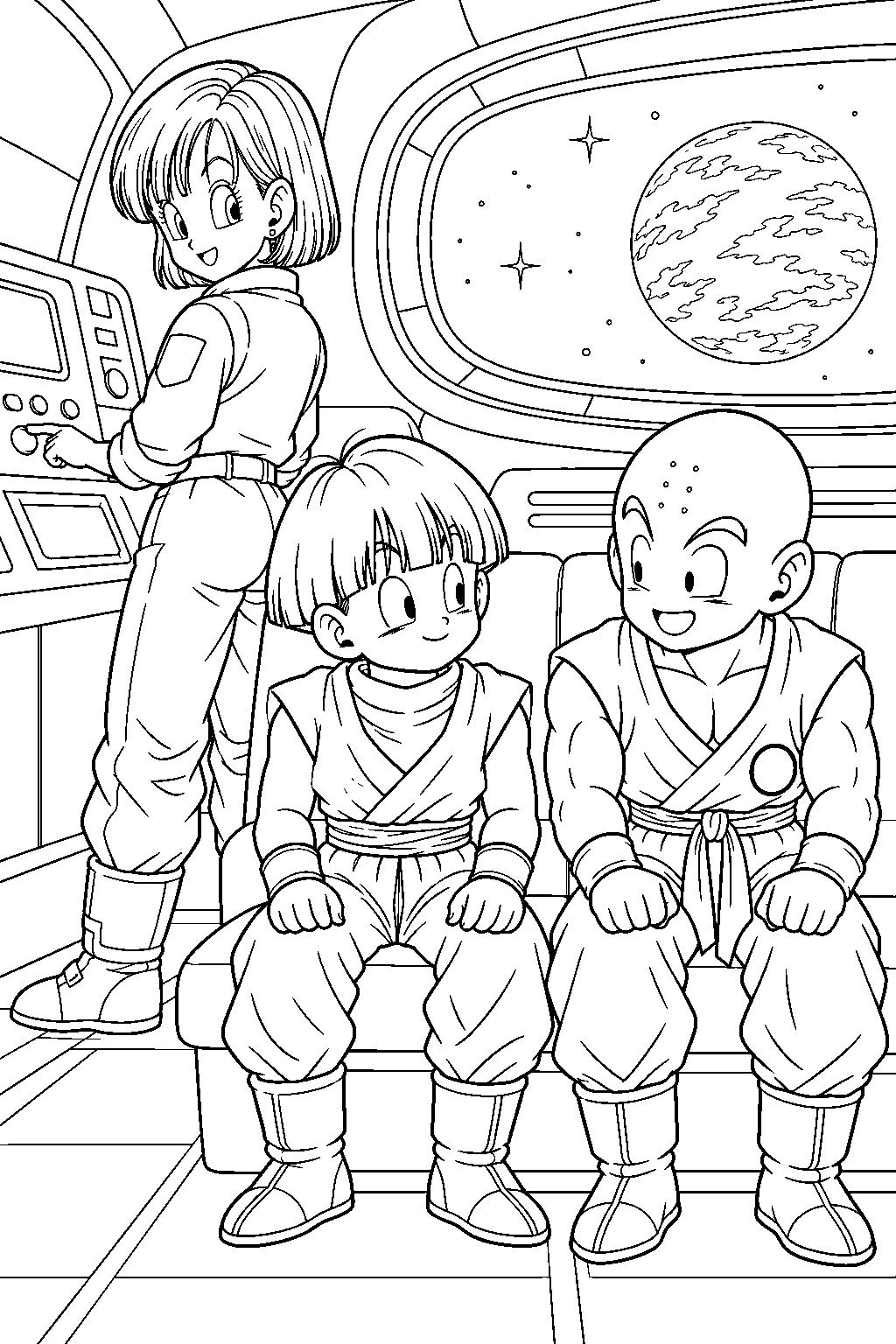 dragon ball z gohan traveling to namek inside the spaceship with bulma and krillin line art