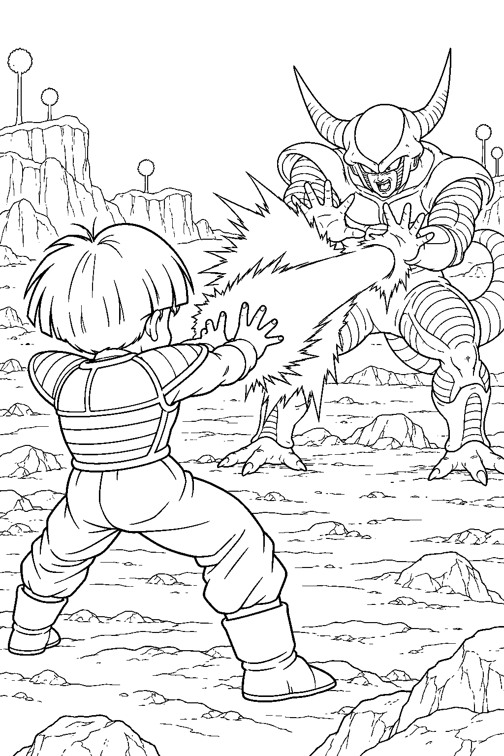 dragon ball z gohan unleashing an energy blast at second form frieza line art
