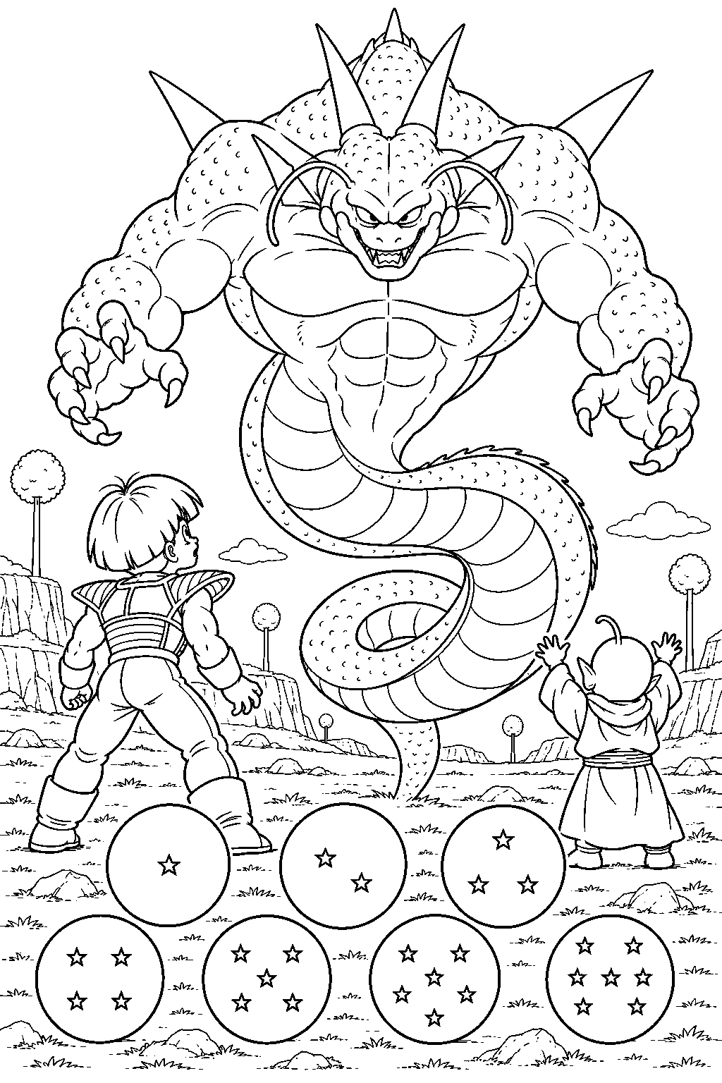 dragon ball z gohan watching dende summon porunga from the seven dragon balls line art