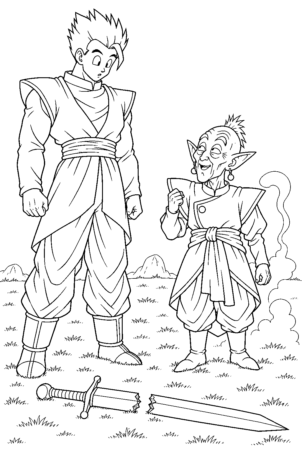 dragon ball z gohan watching elder kai emerge from the broken z sword line art