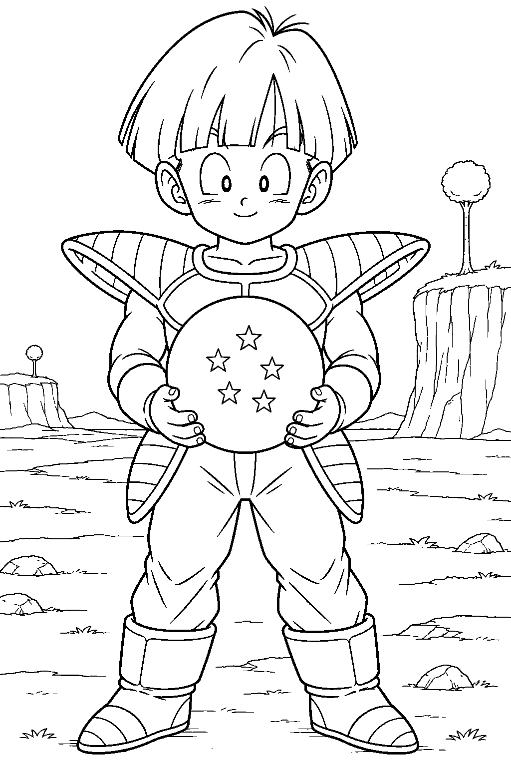 dragon ball z gohan wearing saiyan armor and carrying a namekian dragon ball line art