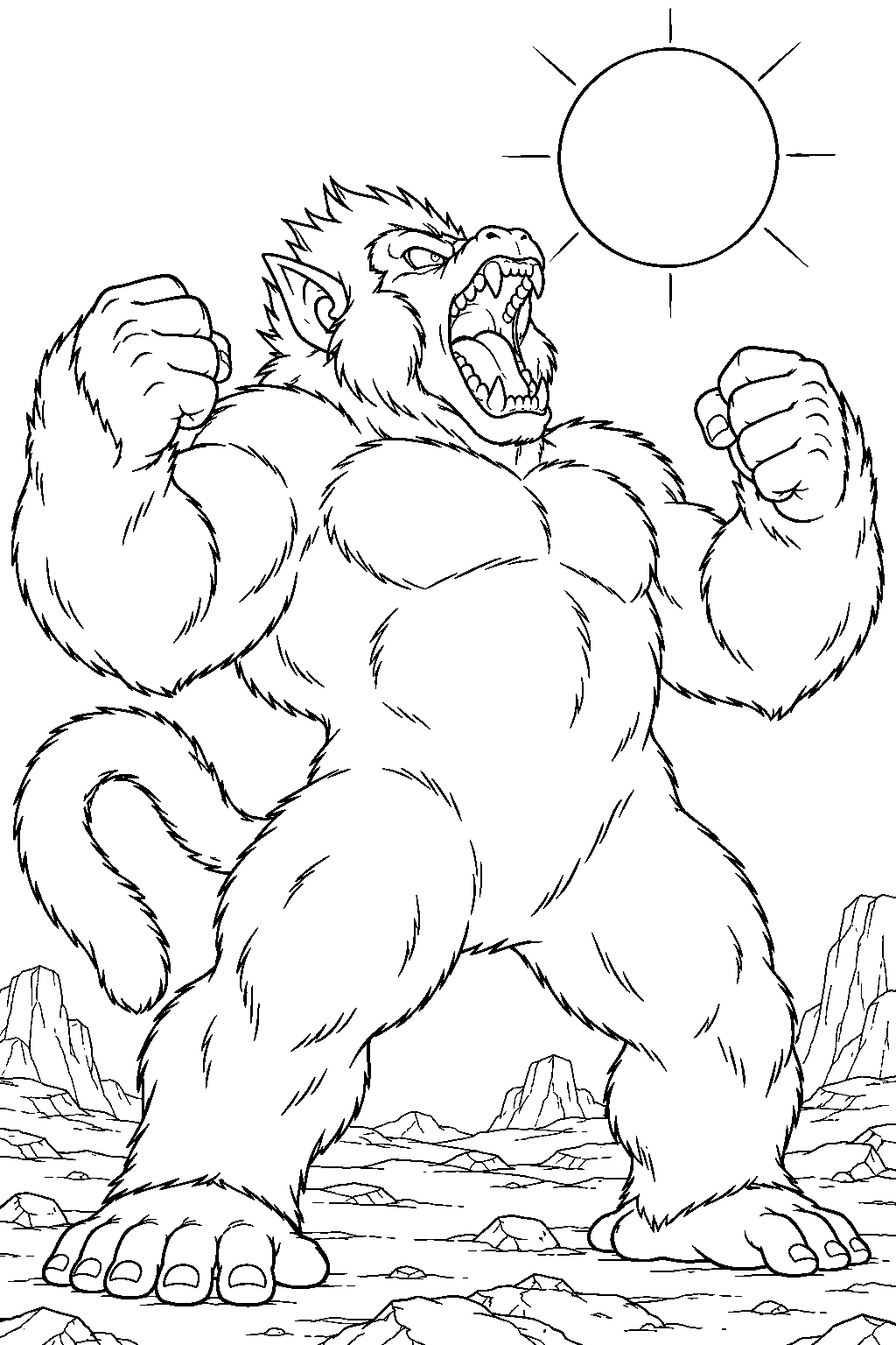 dragon ball z great ape gohan roaring beneath vegeta s artificial moon line art