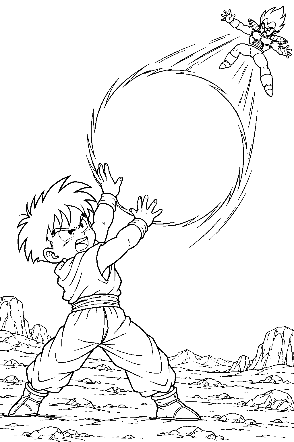 dragon ball z kid gohan deflecting the spirit bomb toward vegeta line art