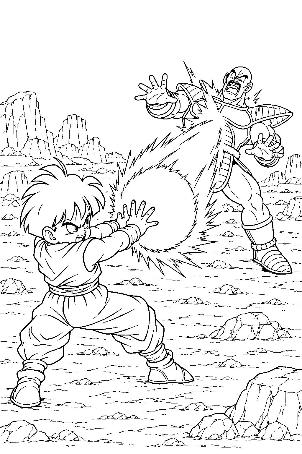dragon ball z kid gohan firing a masenko at nappa line art
