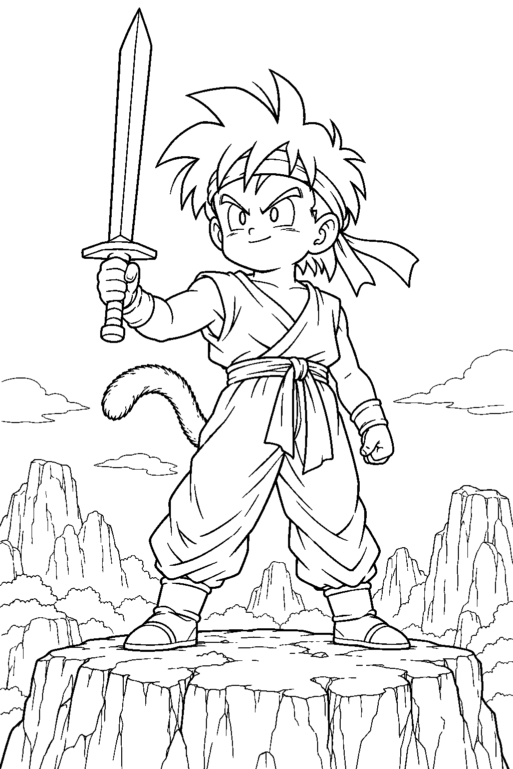 dragon ball z kid gohan holding his training sword on a rocky pillar line art